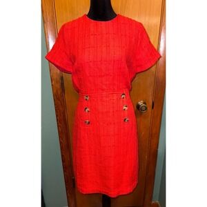Ann Taylor Red Tweed Short Sleeve Button Detail Sheath Office Work Dress Size 6